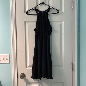 Express size 2 high neck, pleated front, open back short little black dress